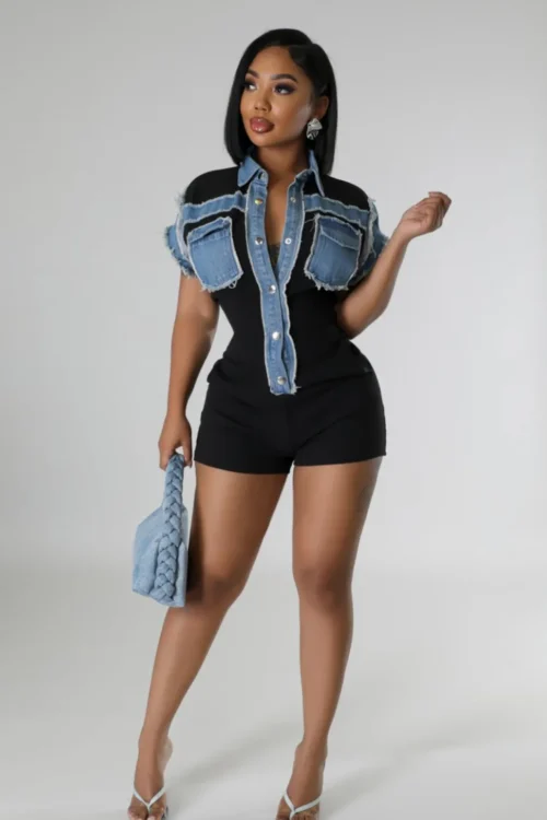 Denim Block Out Romper