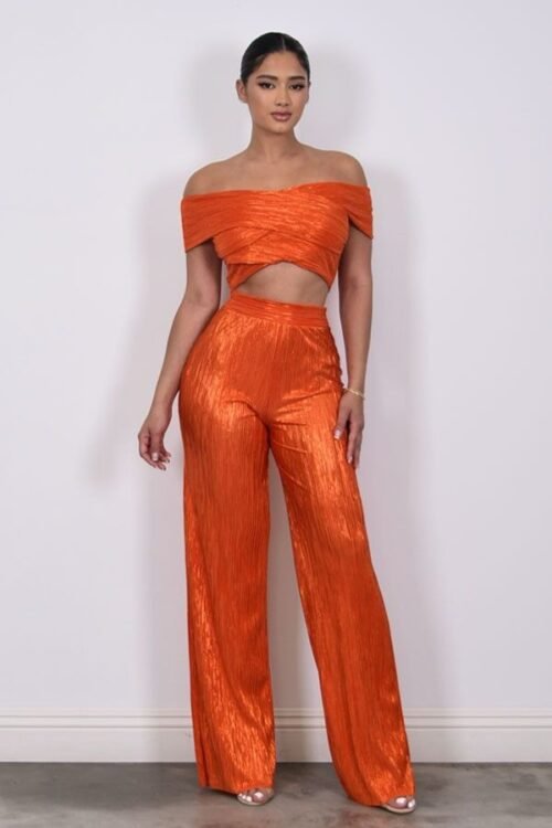 Metallic Bowdre Off Shoulder Top & Pants Set