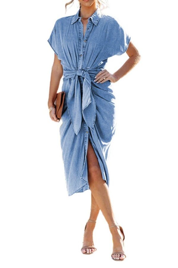 Elegant Pleated Slit Denim Dress