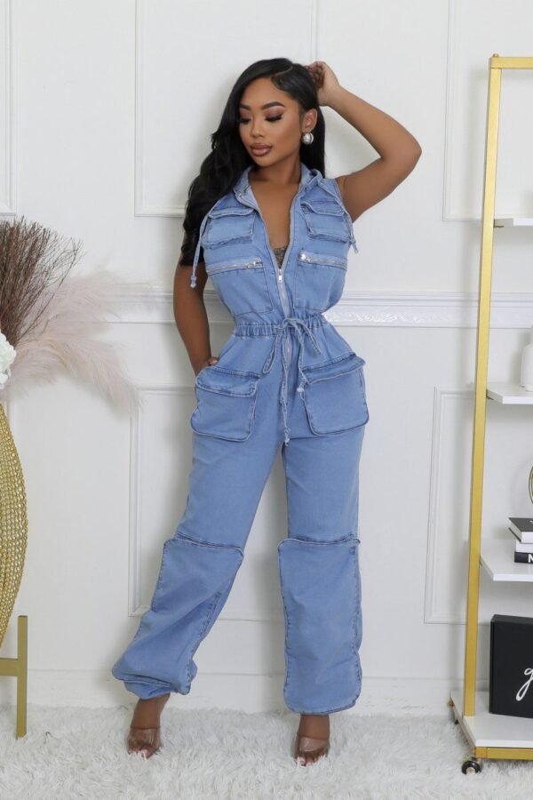 Janine Cargo Pocket Hooded Denim Jumpsuit