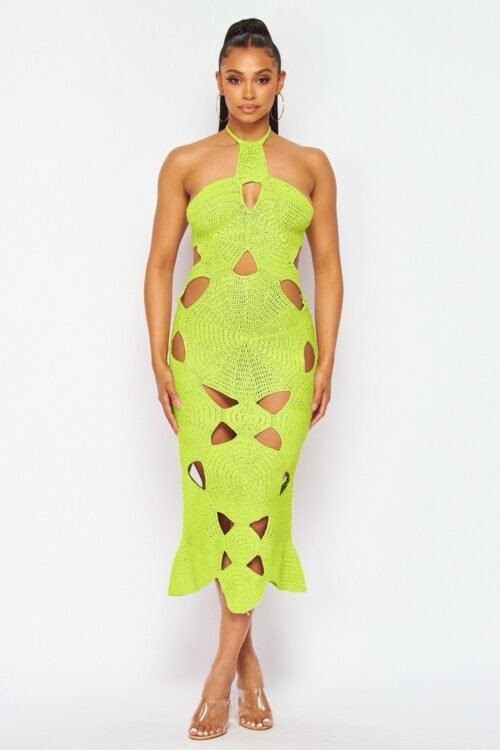 Crochet Halter Neck Cut Out Midi Dress