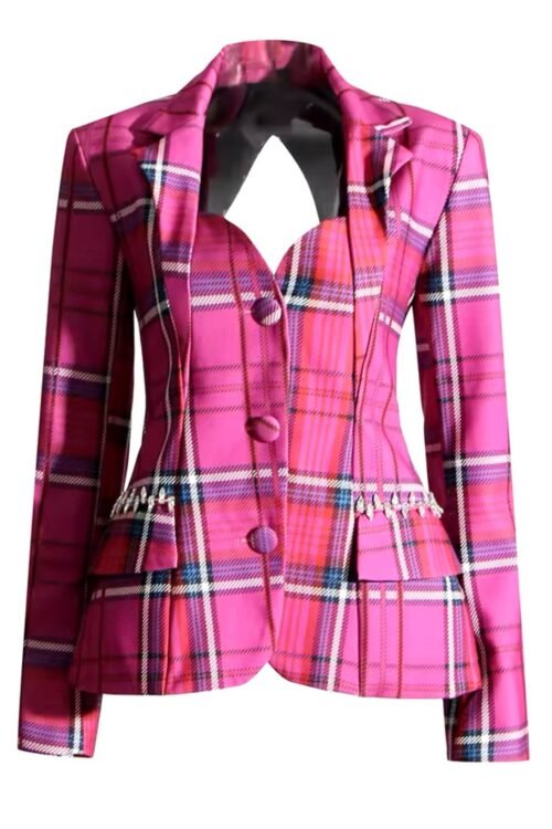 Plaid Patchwork Pockets Backless Blazer