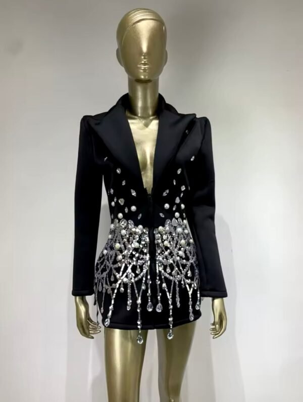 Long Sleeve Pearl Sequins Blazer Black Mini