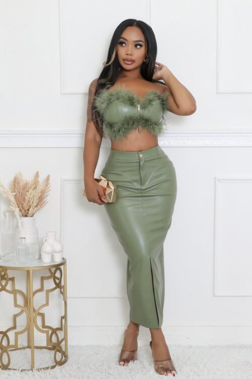 2 Piece Leather Fur Skirt Set