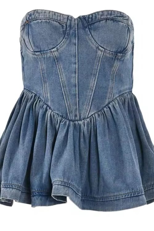 Pleated Denim Strapless Top