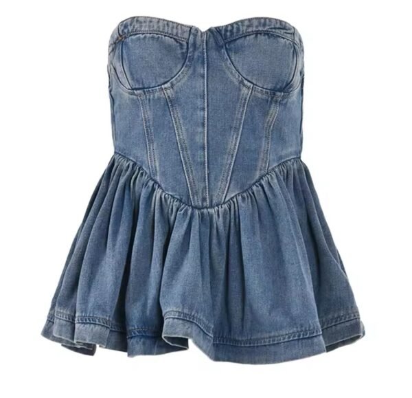 Pleated Denim Strapless Top