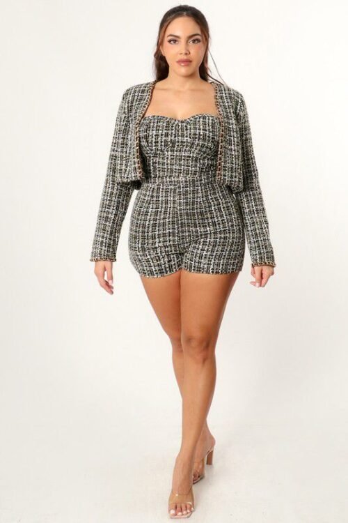 Chic Tweed Strapless Romper with Matching Blazer