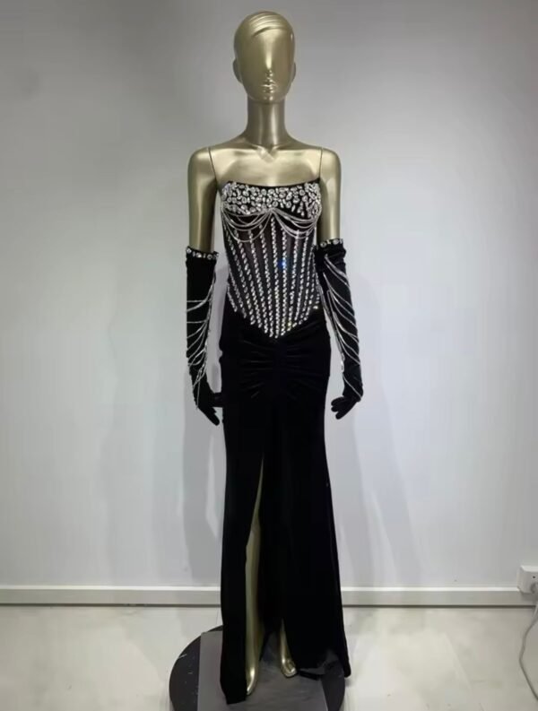 Strapless Beading Diamonds Black Maxi Long