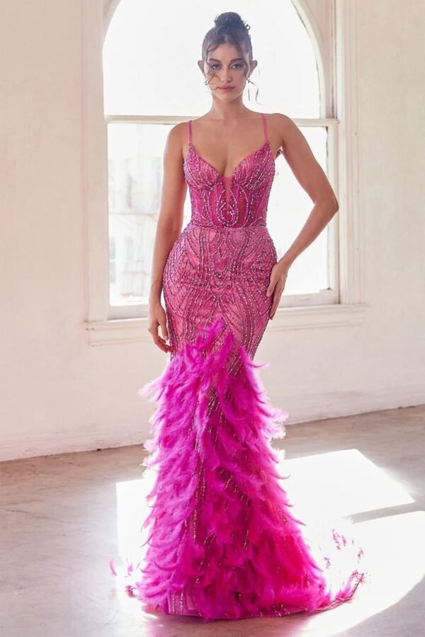 Embellished Feather Mermaid Gown