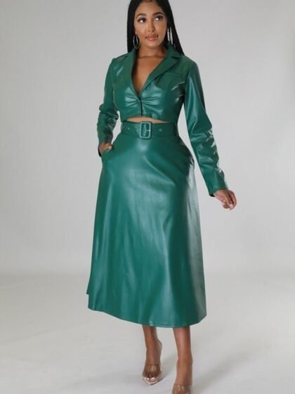 Crop Faux Leather Skirt Set