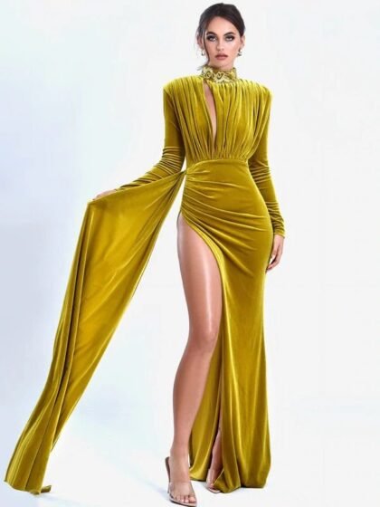 Zenaida Burgundy Cutout High Slit Velvet Gown
