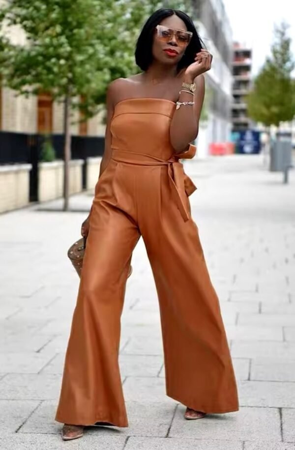 Wide Leg Leather Belted Jumpsuit