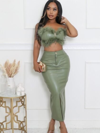 2 Piece Leather Fur Skirt Set
