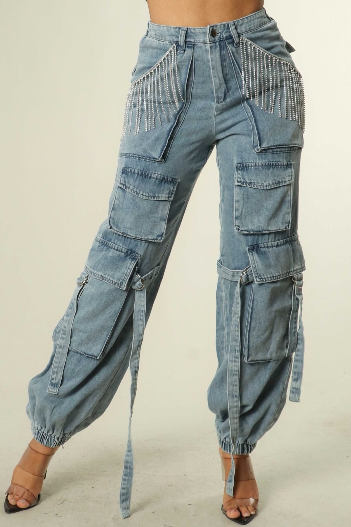 Rhinestone Fringe Trim Cargo Denim Jogger Jean