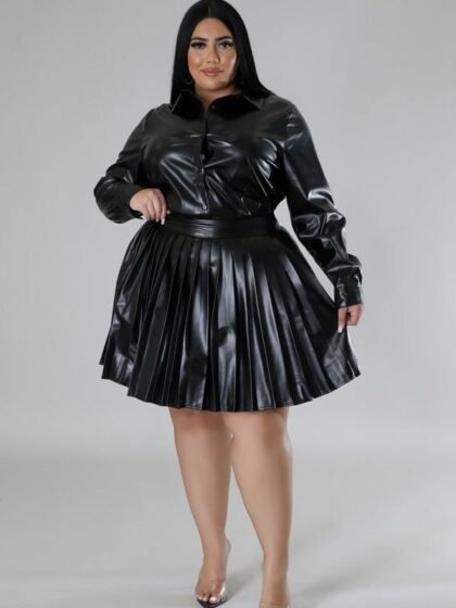 Faux Leather Pleated Skirt Set