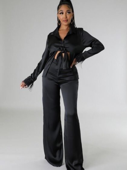 Satin Feather Pant Sets