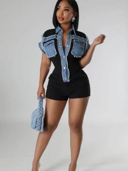 Denim Block Out Romper