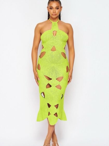 Crochet Halter Neck Cut Out Midi Dress