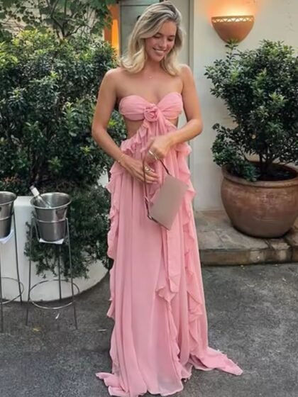 Pink Cut Out Ruffle Strapless Maxi Dress