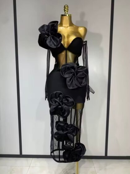 One Shoulder Bow Mesh See Through Bandage Bodycon Dress