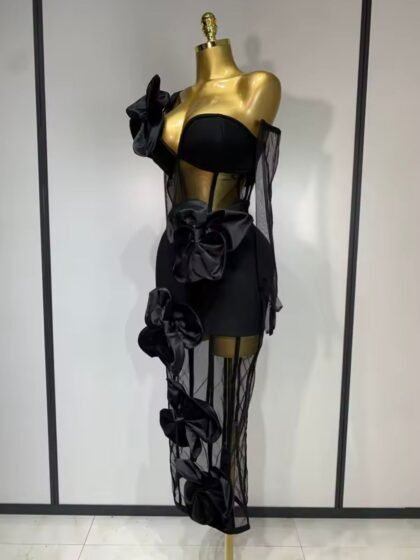 One Shoulder Bow Mesh See Through Bandage Bodycon Dress