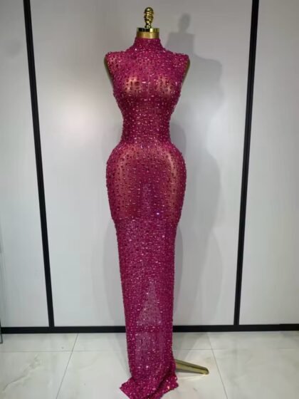Mesh See Through Crystal Diamonds Long Dress