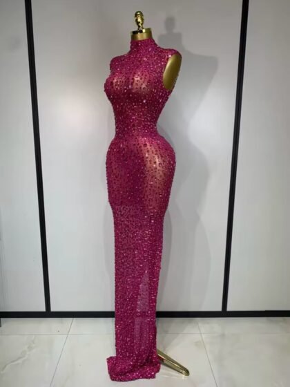 Mesh See Through Crystal Diamonds Long Dress