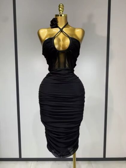 Halter Backless Mesh Panel Flods Bandage Dress Black