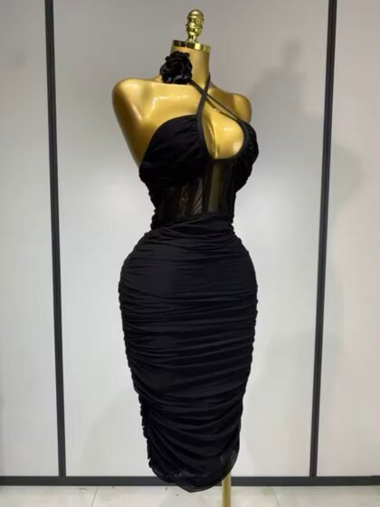 Halter Backless Mesh Panel Flods Bandage Dress Black