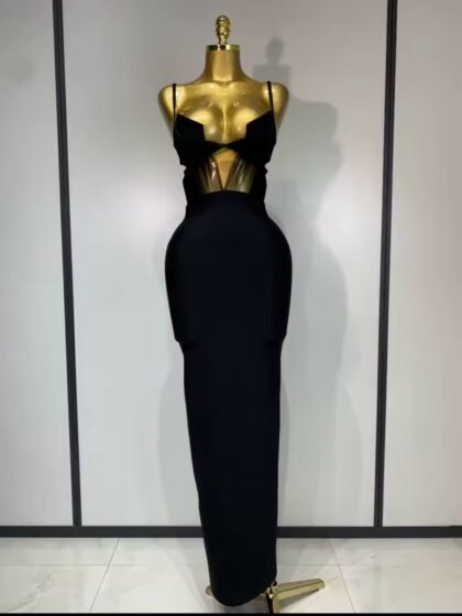 Black Spaghetti Strap Maxi Long Bandage Dress