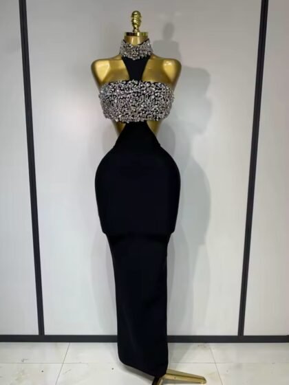 Backless Sparkly Crystal Diamonds Black Bodycon Bandage Dress