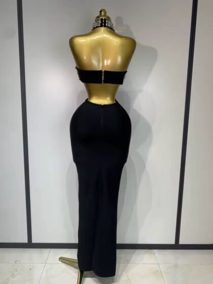 Backless Sparkly Crystal Diamonds Black Bodycon Bandage Dress