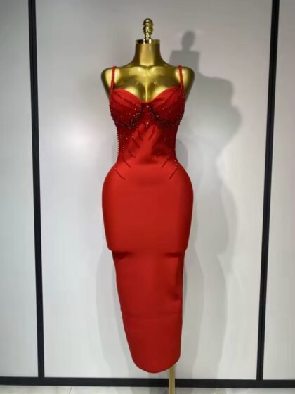 Beading V Neck Bodycon Bandage Dress