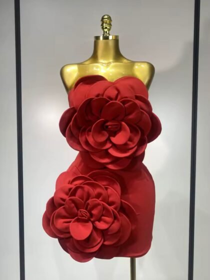 Strapless Backless Flower Red Mini Bodycon Dress