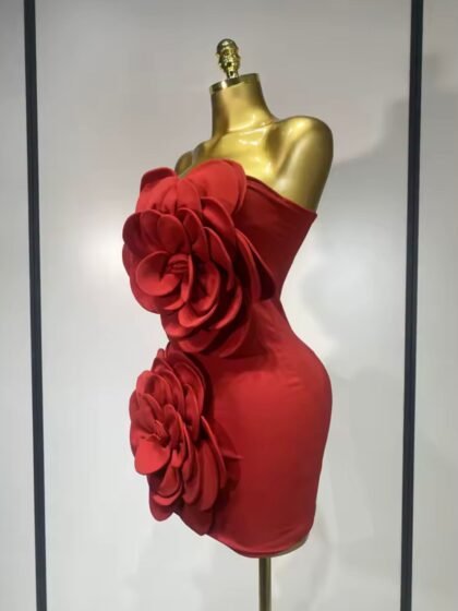 Strapless Backless Flower Red Mini Bodycon Dress