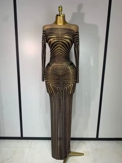 Mesh Perspective Shiny Diamond Dinner Dress