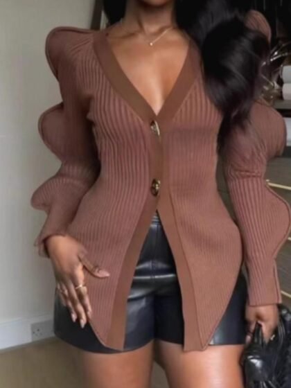 Knit Button-up V-neck Wavy Puff Sleeve Cardigan