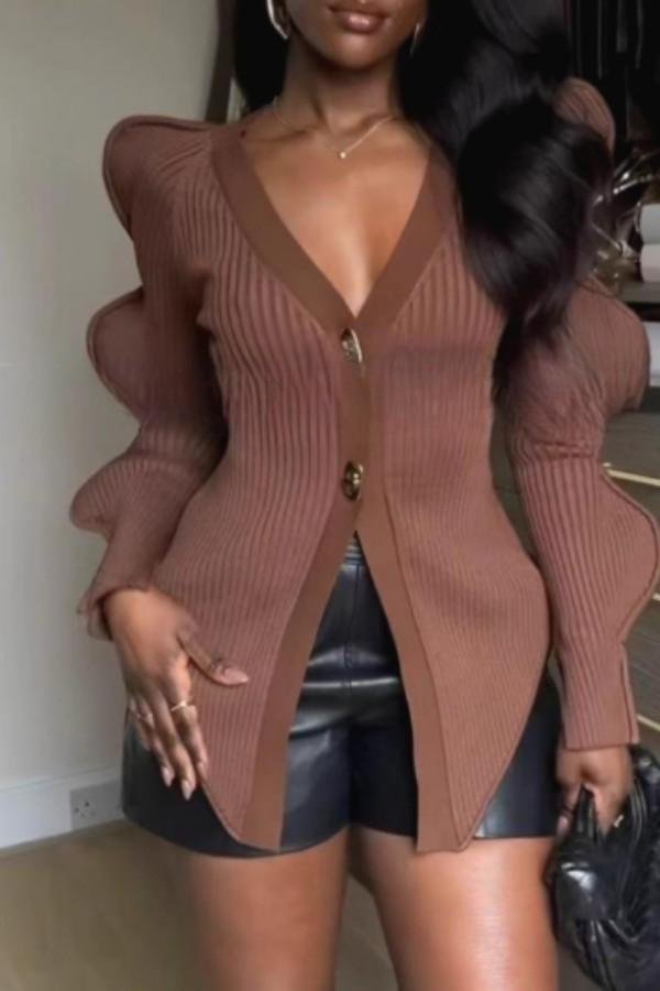 Knit Button-up V-neck Wavy Puff Sleeve Cardigan