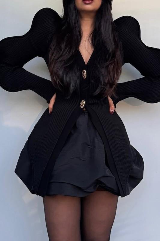 Knit Button-up V-neck Wavy Puff Sleeve Cardigan