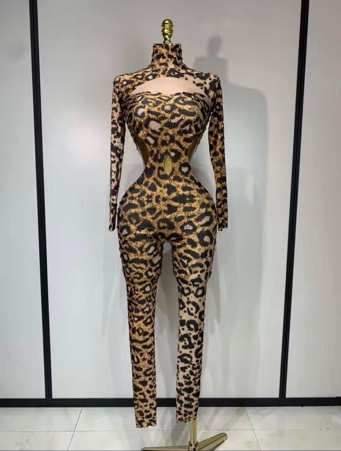 Leopard Gold Rhinestones Spandex Jumpsuit