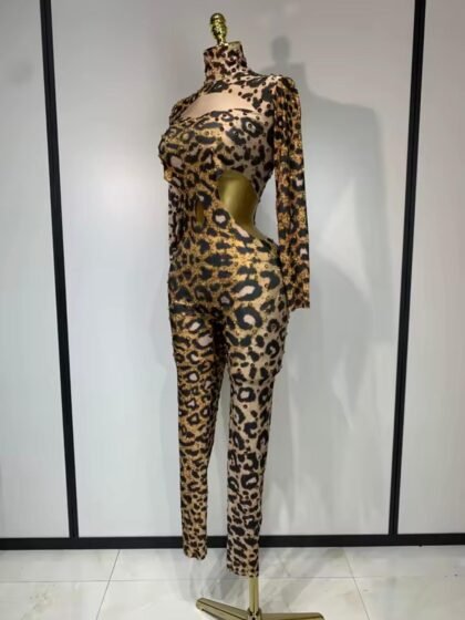 Leopard Gold Rhinestones Spandex Jumpsuit