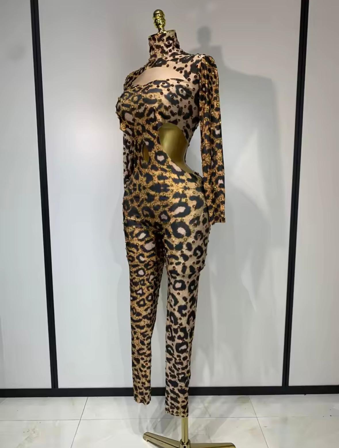 Leopard Gold Rhinestones Spandex Jumpsuit