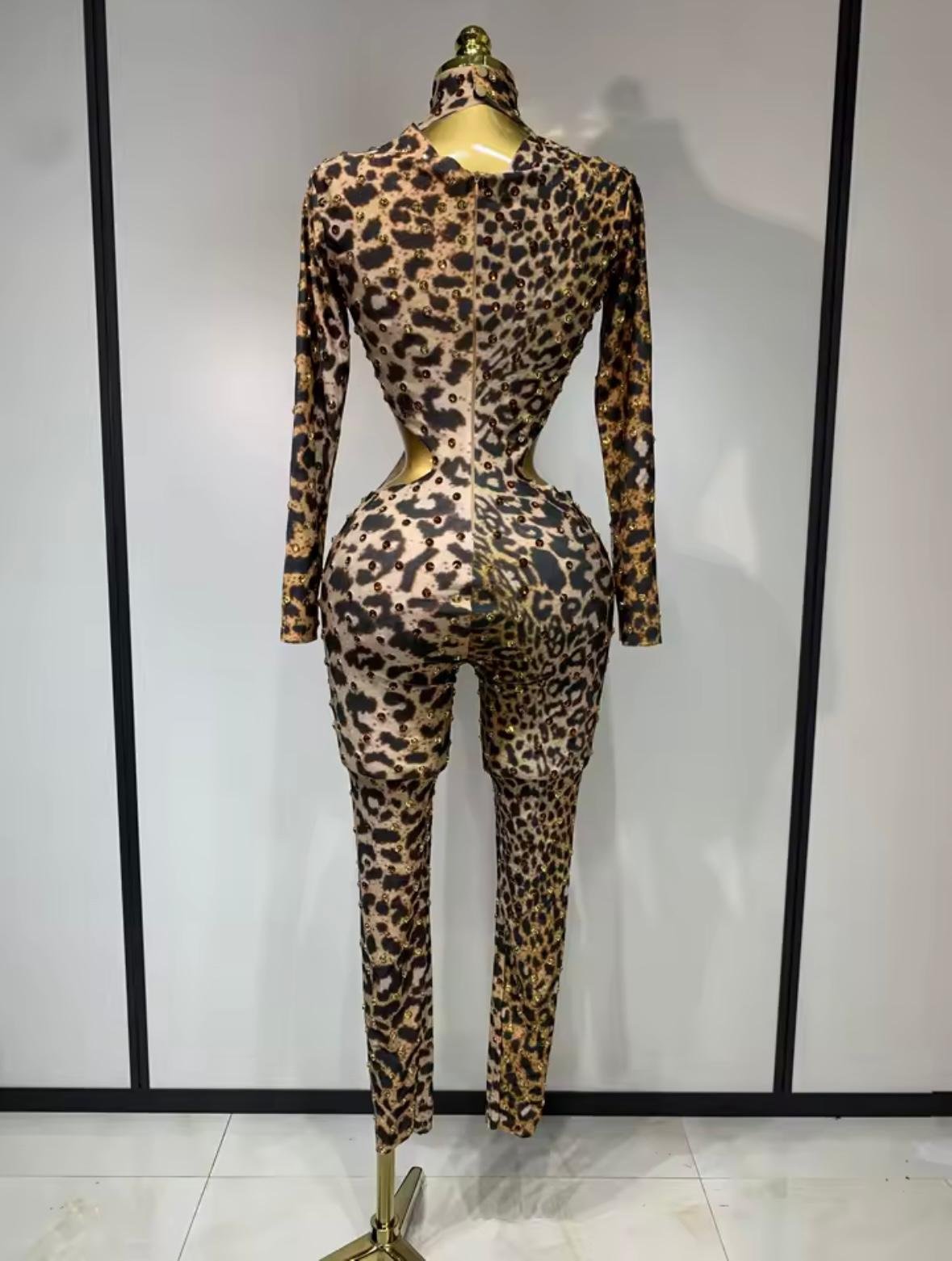 Leopard Gold Rhinestones Spandex Jumpsuit