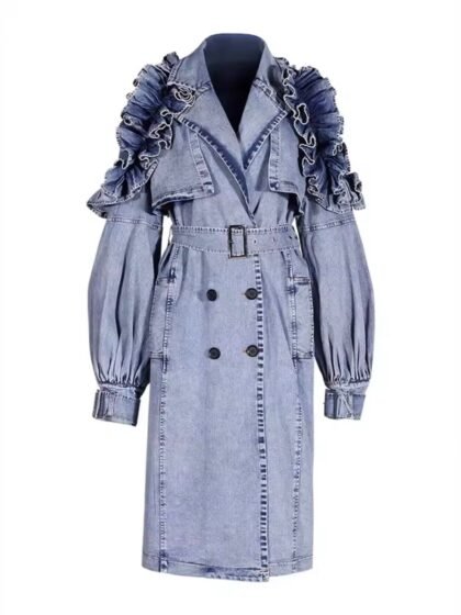 Denim Ruffle Trench Coat
