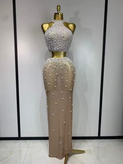 Mesh Diamonds Pearl Maxi Long Split Skirt