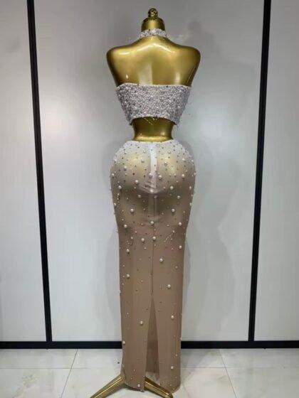 Mesh Diamonds Pearl Maxi Long Split Skirt