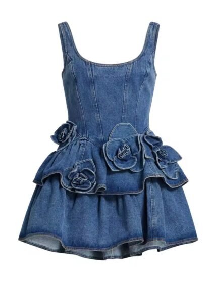 3d Floral Denim Mini Dress