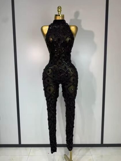 Rhinestones Mesh See Through Bodycon Jumpsuit