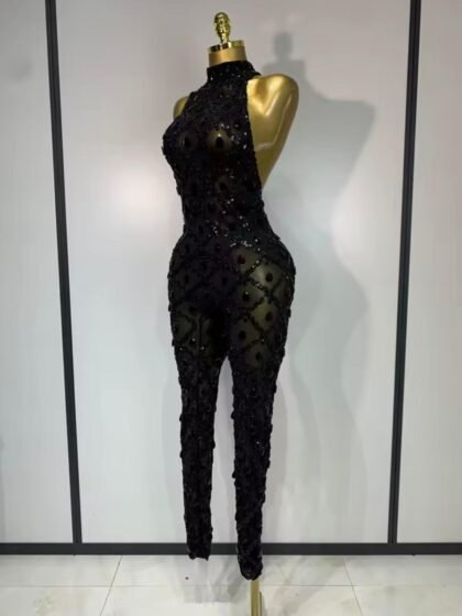 Rhinestones Mesh See Through Bodycon Jumpsuit