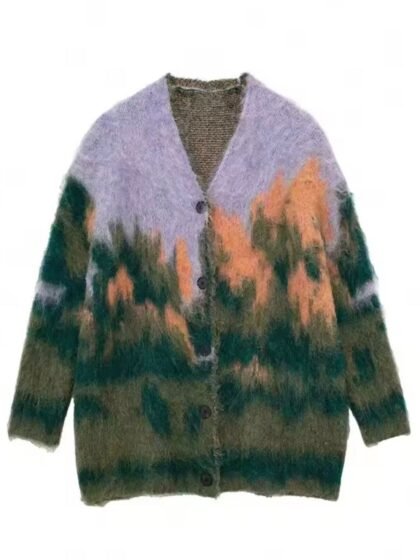 Print Cardigan Knitted V-neck Long